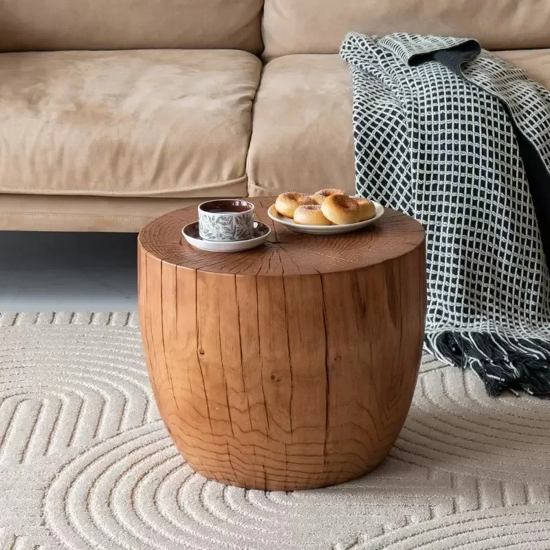 Rustic Solid Wood Carved Side Table Vintage Log Nightstand Handcrafted Wooden End Table for Living Room Bedroom Hotel