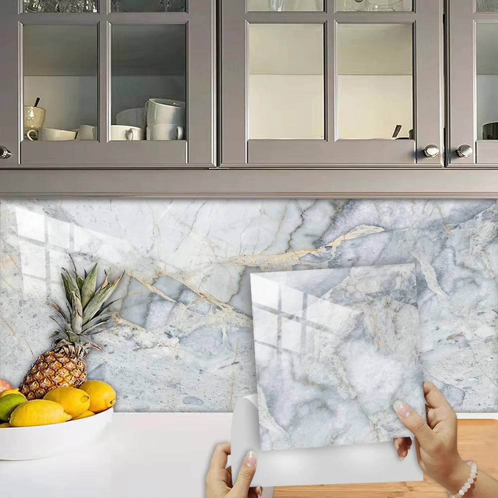 10pcs/set Marble Tiles Sticker Kitchen Backsplash Oil-proof Cupboard Washbasin Peel & Stick Waterproof Art Wall Decals