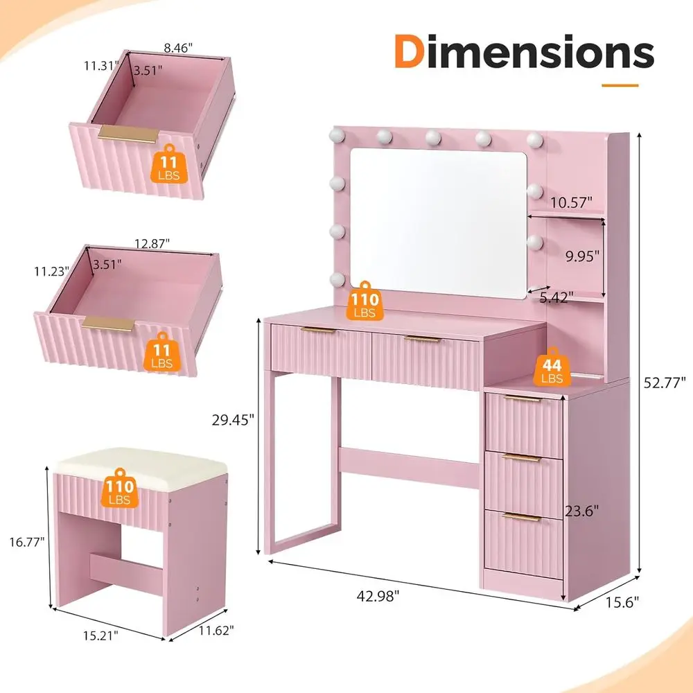 VINGLI luted Makeup Vanity Desk with Mirror & Lights & Power Outlet, Small Vanity Table w/ 5 Ders & 2 Storage Shelves,Pink ern D