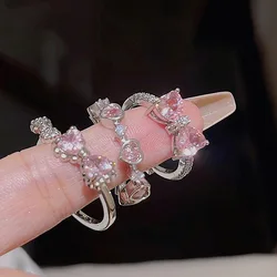 Kpop Retro Y2k Pink Heart Ring For Women Vintage Gothic Crystal Bowknot Open Rings 2024 Fashion Punk Party Sweet Girls Jewelry