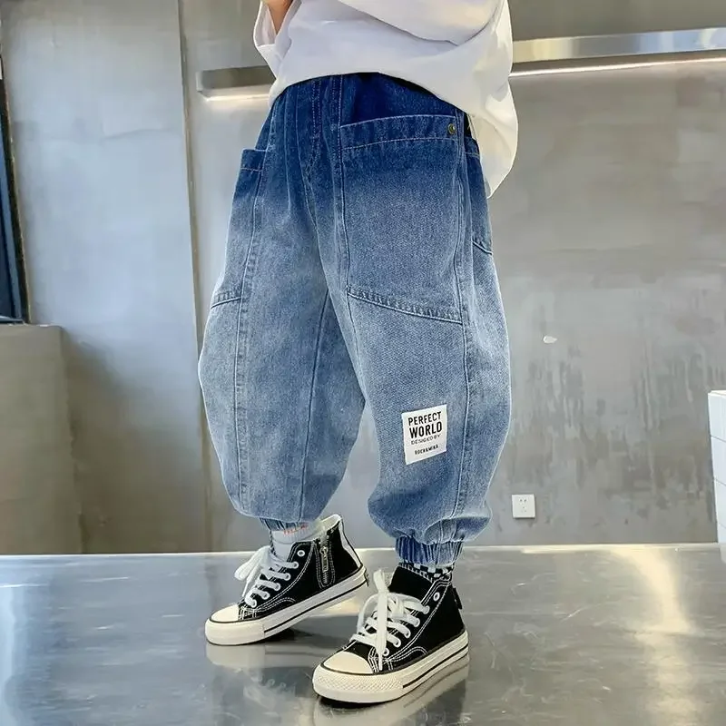 Children's Clothing Teen Boys' Loose Cuffed Jeans Spring Autumn Gradient Label Elastic Waist Causal Fashionable 5-12 Yrs