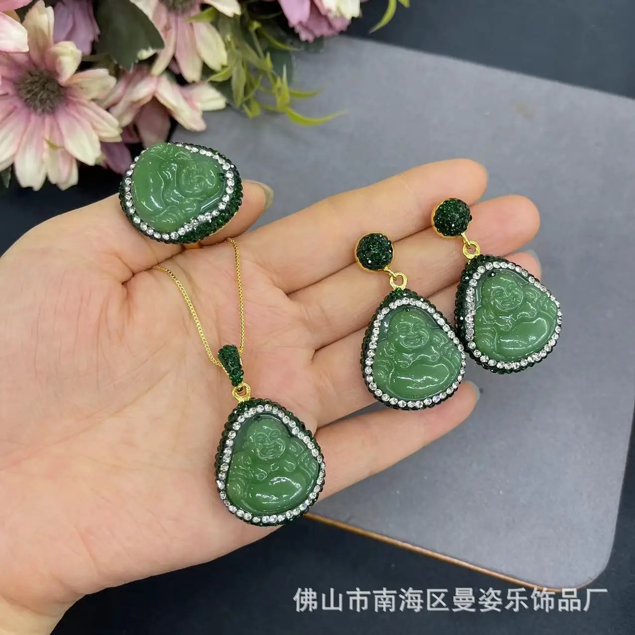 

DIY accessories New Chinese-style Smiling Buddha clay inlaid with original jewelry three-piece set popular jewelry set live broa