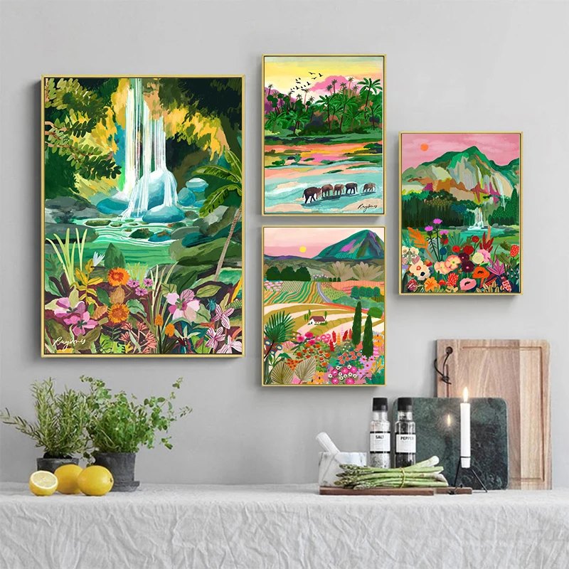 Flowers Mountain Lake Colorful Nature Landscape Travel Poster Print Canvas Painting Abstract Nordic Wall Art Room Home Decor