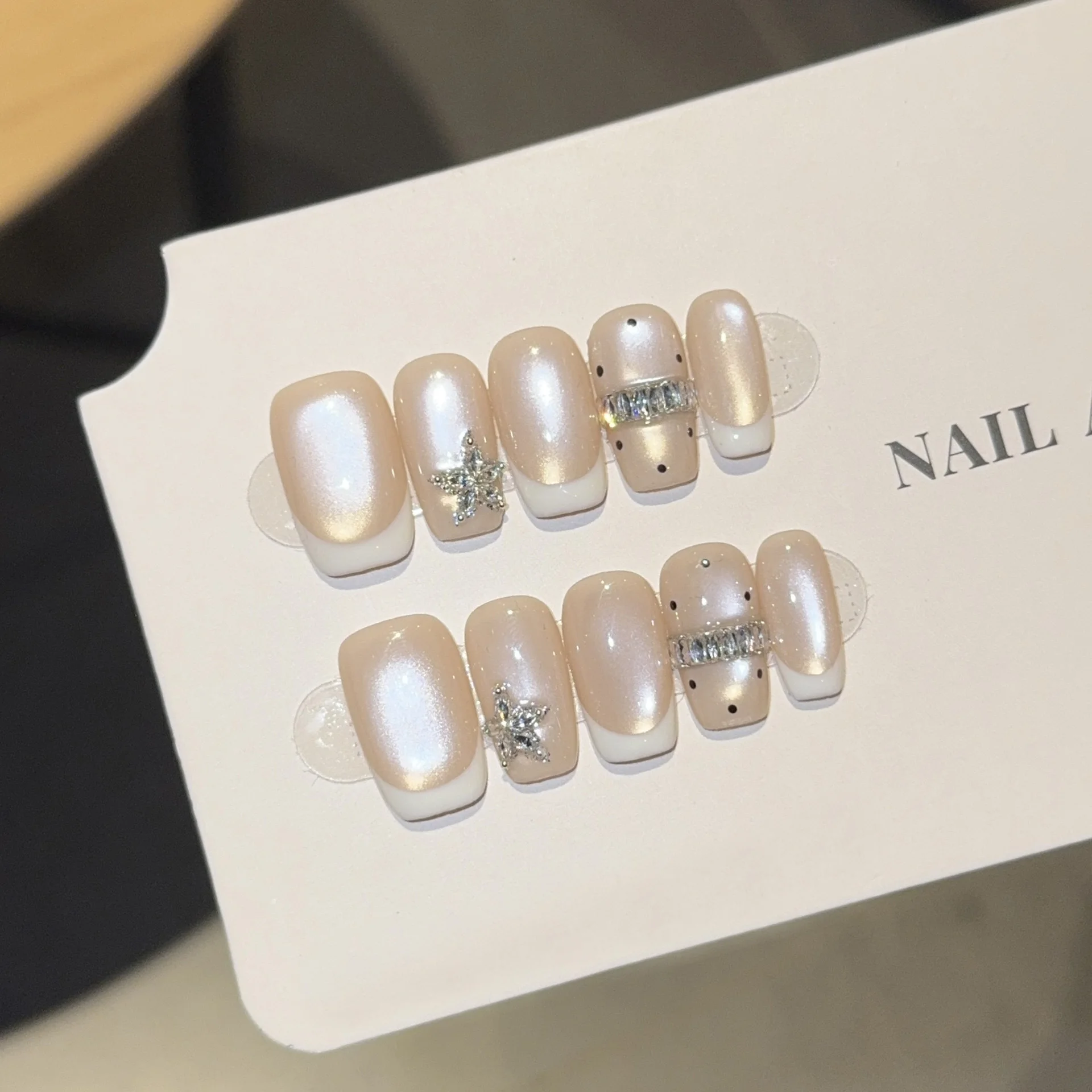 

10pcs Sweet French Handmade Nails Full Zirconia Cover Press on Nail Medium Square Full Coverage Nail Tips for Women&Girl