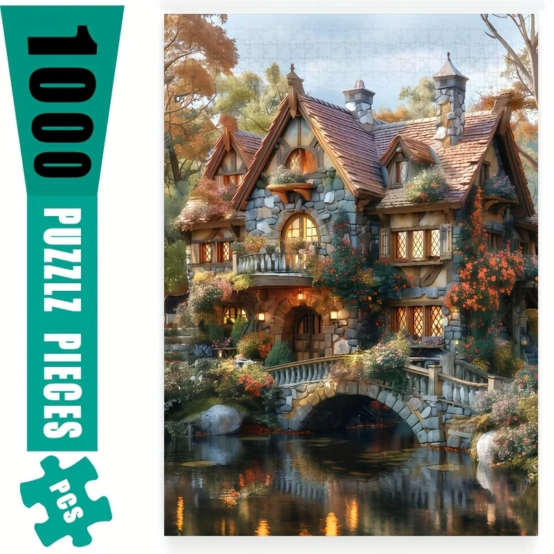 1000 قطعة من أحجية الصور المقطوعة من Lakeside Cottage - دعابة الدماغ التي تحديها بنفسك للبالغين والعائلات، تصميم مستطيل أبيض مع Vib