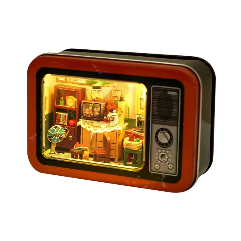 Handgemachte Retro DIY Holz Eisen Box TV Mini Kit LED Lichter Hause Schreibtisch Dekoration Ornamente Handgemachte Geschenke Handwerk Spielzeug Erwachsene Geschenke