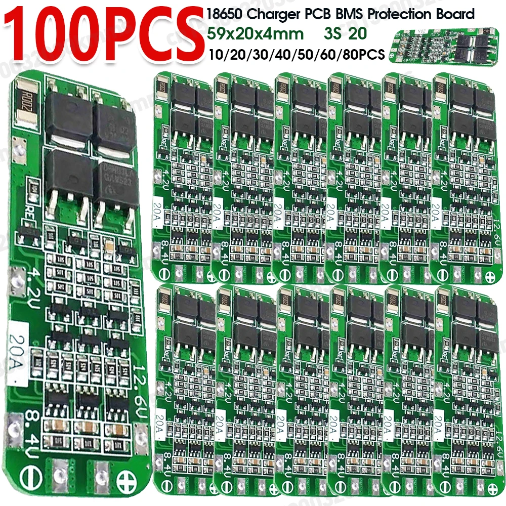 10-100pcs 3S 20A Li-ion Lithium Battery 18650 Charger PCB BMS Protection Board For Drill Motor 12.6V Lipo Cell Module 59x20x4mm