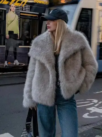 HH Women Elegant Faux Fur Coat Warm Fluffy Loose Long Sleeve Lapel Jacket Autumn Winter Fashion High Street Lady Outerwear
