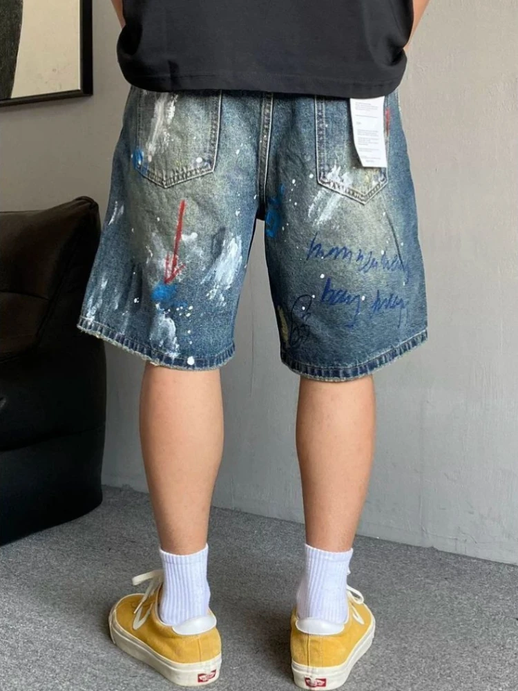 

American Style Edgy Men's Ripped Denim Shorts with Artistic Painted Graffiti Design Distressed Vintage Summer Casual Outfit