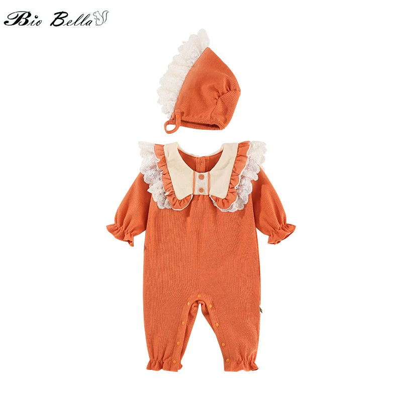 

Newborn Baby Girls Long Sleeve Romper Lace Decor Long Sleeve Bodysuit Jumpsuit Clothes Outfits 2pcs Set With Cap
