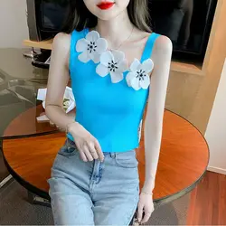 2024 Summer New Irregular Flower Knitted Vest Women's Inner Wear Design Sense Tank Top Short Small Suspenders