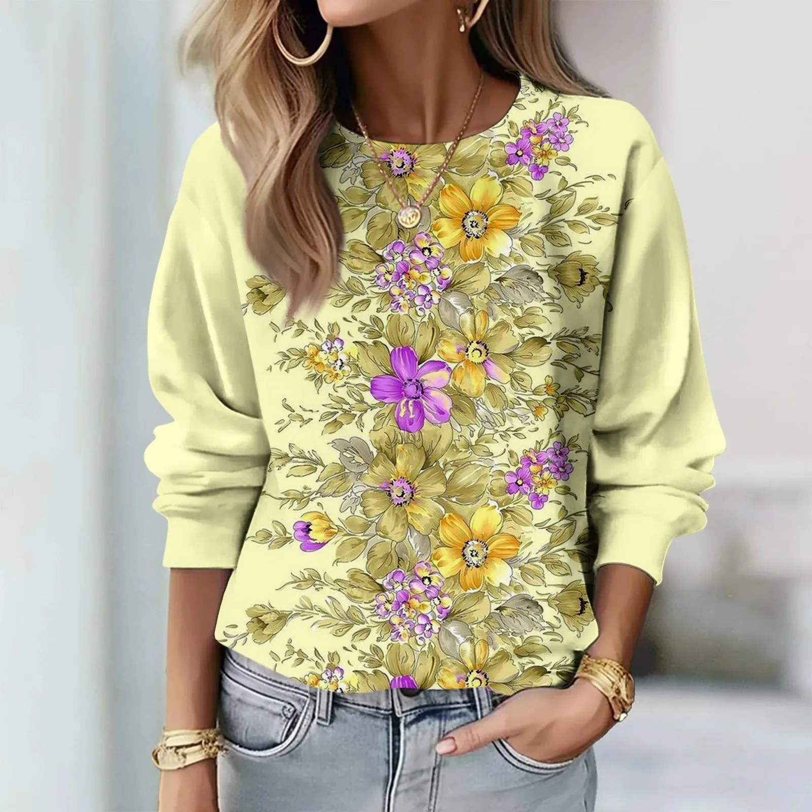 2024 Autumn Women New Floral Printed Sweatshirt Ladies O Neck Long Sleeve Casual Loose Hoodie Streetwear Pullover Tops