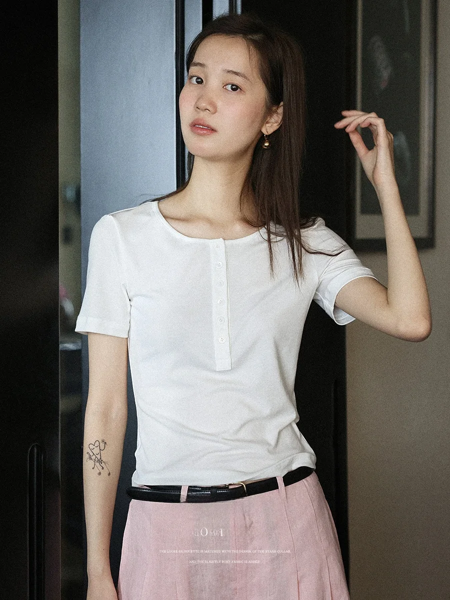 

Lalaglow Silk Acetate Henry Collar Basic Versatile Skin-friendly Short Sleeve T-shirt Slimming Casual Top for Women Commuting