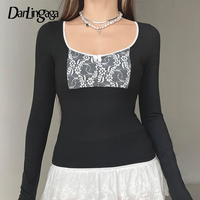 Darlingaga Lace Hook Floral Patchwork With Bow T-shirts Women Square Neck Long Sleeve Autumn Slimming Top Tee Basic Slim Clothes