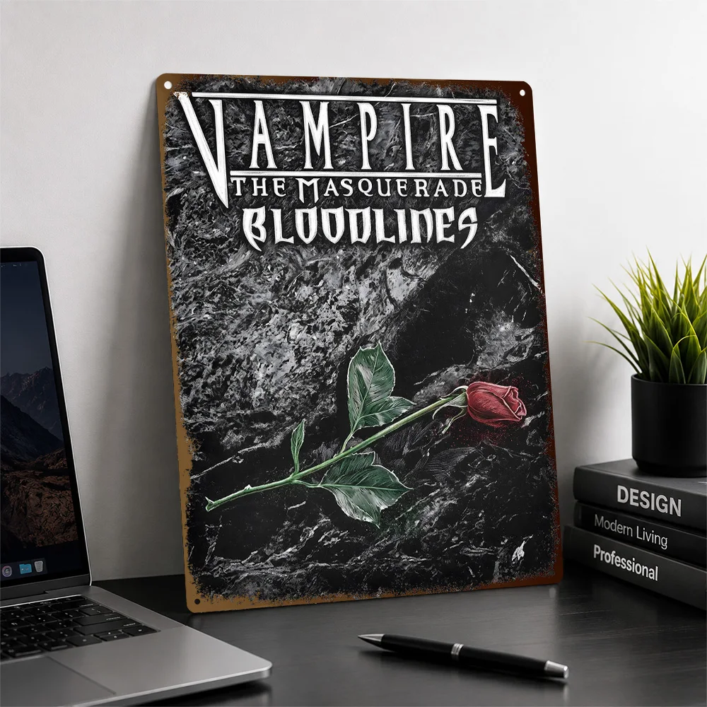 Vampire The Masquerade Bloodlines Rose Printed Poster Customized Metal Sign Digital Adventure Tribute Wall Art Game Room Decor