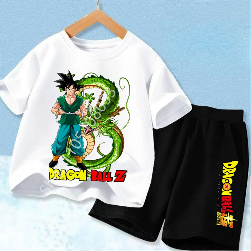 Dragon Ball Son Goku Anime T-shirt Set Kids Short Sleeve Pocket Shorts Ventilate 2-piece Set Boys Girls Cartoon Clothing