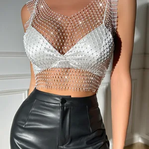 Women see through the top -free top, beach holiday tank tops-en, rhinestone glitter, network network, hollow, V -neckline 10 Main Sales Rhinestone Blouse - №8