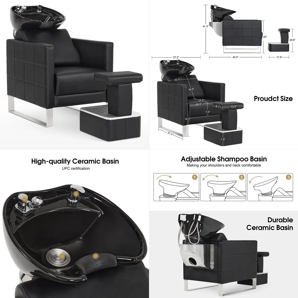 

Backwash Shampoo Ceramic Bowl and Chair Set for Salon for Hair Stylist, Adjustable Hair Wash Sink Unit Station for Spa Beauty S