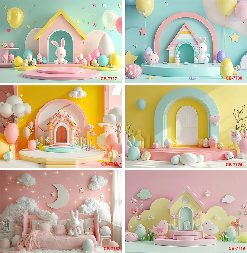 Spring Easter Cute Rabbit Photography Background Colorful Fairy Tale Cottage Eggs Lively Children Birthday Party Decor Backdrop