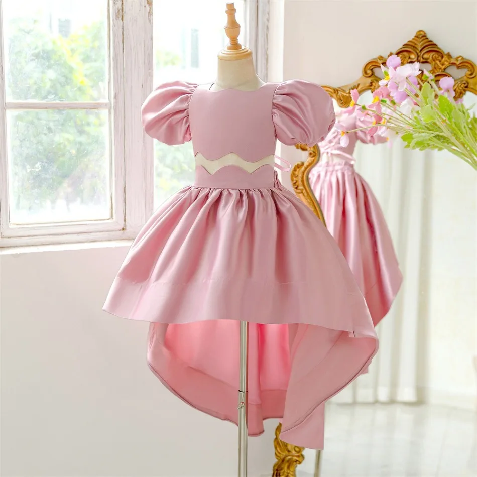 Pink Satin Puff Sleeve Flower Girl Dress Scalloped Cutout  Low Irregular Train Backless Kids Birthday Formal Pageant Dress ASQ03