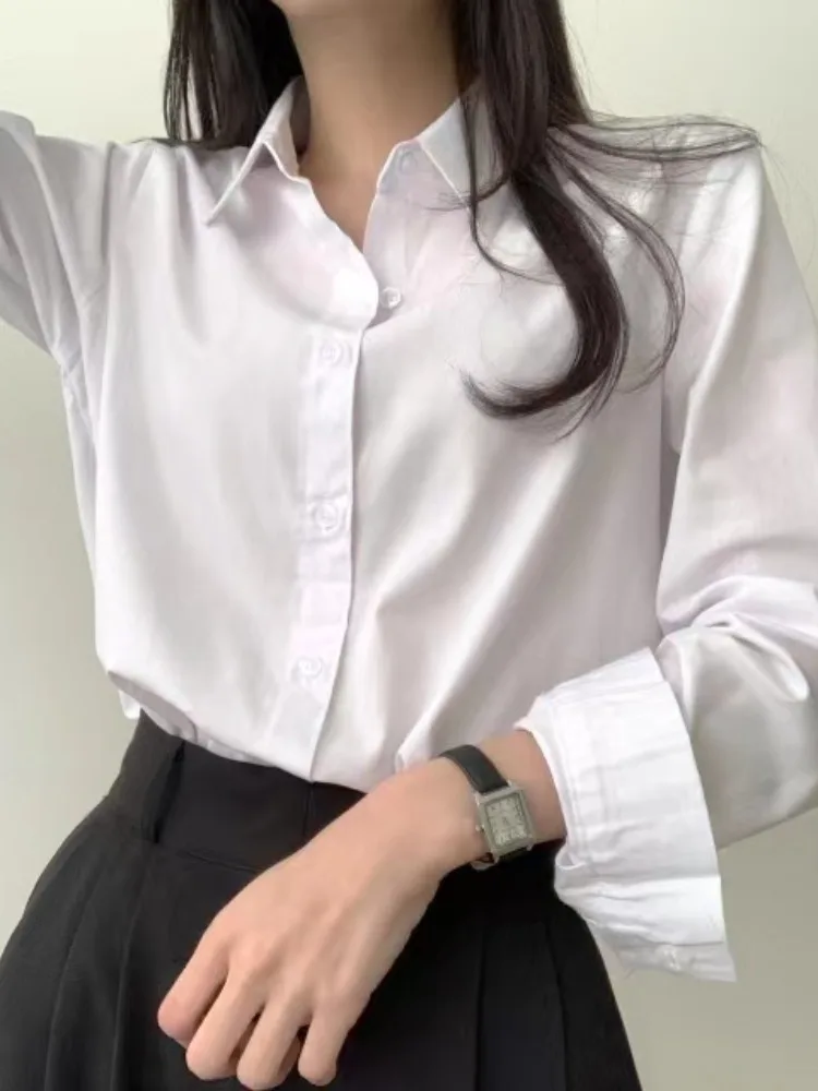 Chic Spring Basic  Color Loose Casual Button-Up Long Sleeve Shirt Women's Top Korean Style Comfortable Cotton Blend