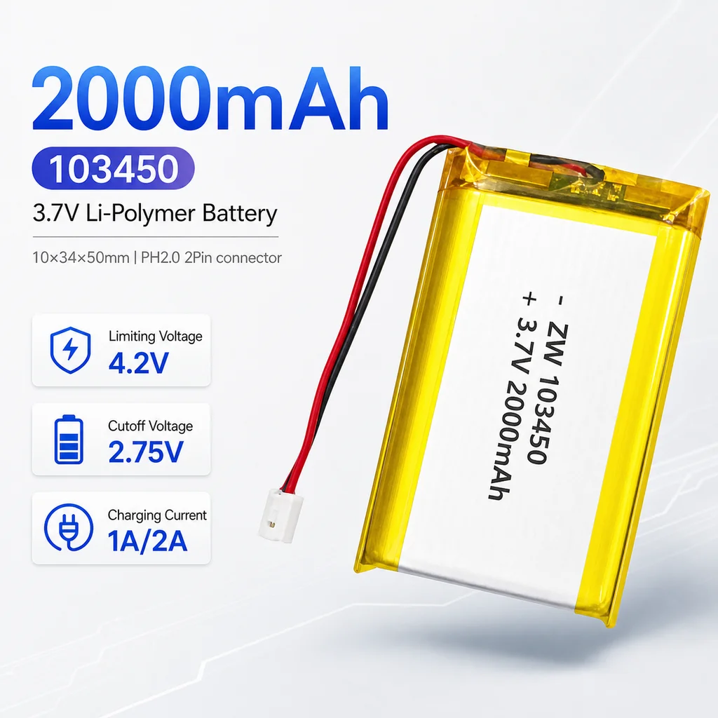 103450 3.7V 2000mAh 103450 Battery Lipo Polymer Lithium Ion Rechargeable Batteries for GPS DashCam Bluetooth Speaker LED Light