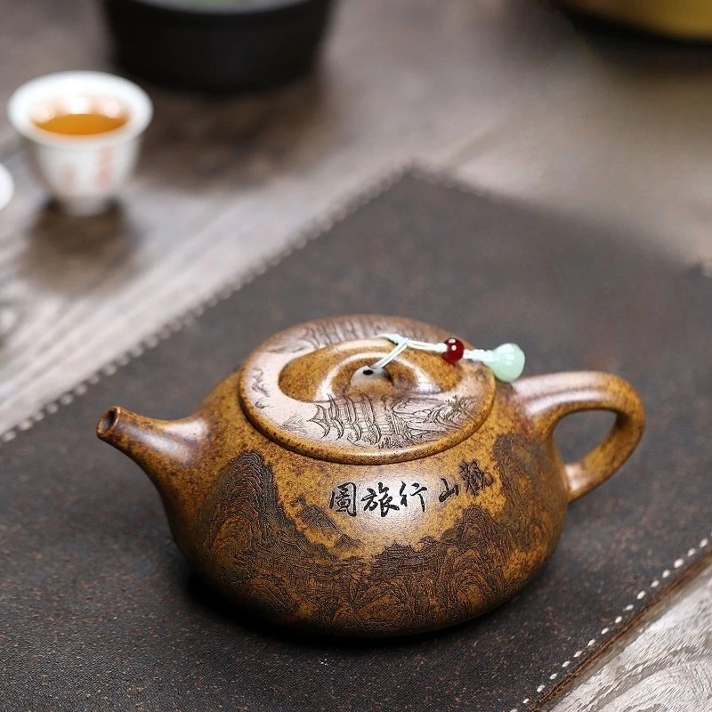 Handcrafted Yixing Zisha Teapot Made From Raw “Dragon Bone” Gold Sand, Featuring A “View of The Mountains” Design Teapot