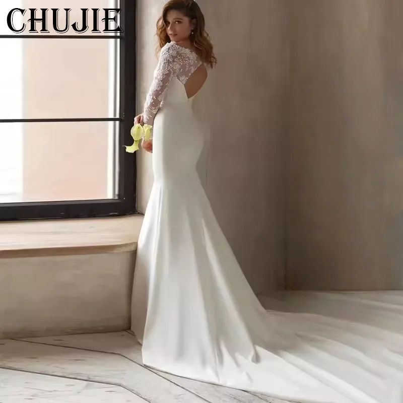 Appliques แขนยาวชุดแต่งงาน Elegant Mermaid ชุดเจ้าสาวกับรถไฟ Custom Made ชุดเจ้าสาว O คอ Vestido de novia