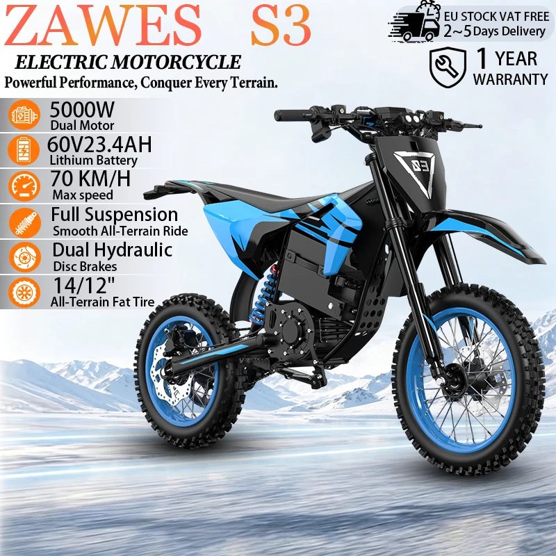 ZAWES S3 E-Motorrad 5000W Spitzenleistung 60V23.4AH Akku Hydraulische Bremse E-Bike 70km/h 14-12 Zoll Offroad-Reifen Erwachsenen-All-Terrain