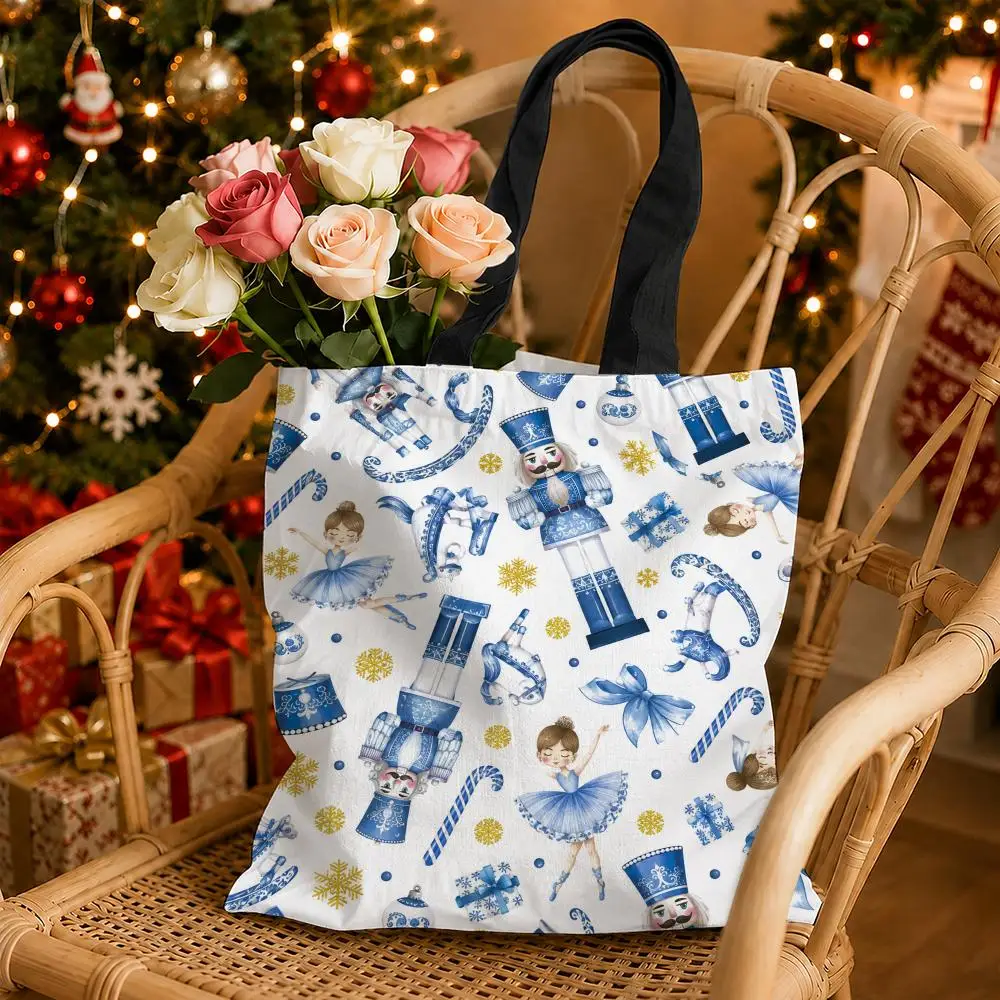 Nutcracker Christmas Snowflake Storage Bags Canvas Tote Bag Double-Sided Print Durable Shoulder Handbag for Festival Party Gift