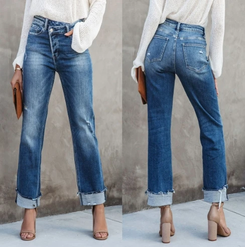 

Women's Jeans Trousers 2024 Autumn Winter Latest Fashion City Straight Leg Denim Pants Pocket Button High Waisted Denim Pants