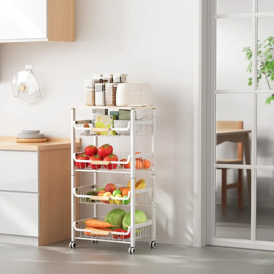 JAQ Pull-Out Fruit Basket 5-Tier Slide Out Metal Storage Baskets Carts Organizers Drawers with Wood Top Table and Handle with R