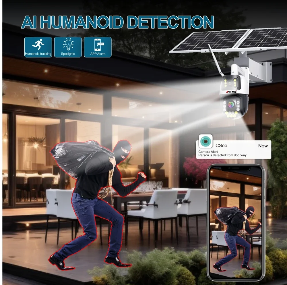 Anxinshi Telecamera di Sicurezza Solare HD 4K 99X Zoom Auto Tracking Telecamera PTZ Solare Esterna Visione Notturna a Colori P2P Telecomando