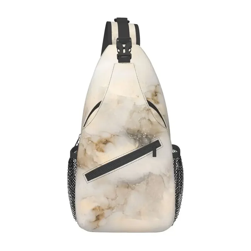 Gold And Beige Marble Sling Chest Bag Customized Elegant Modern Shoulder Crossbody Backpack for Men Cycling Camping Daypack