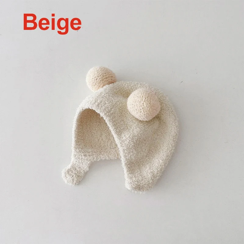 Niedliche Winter-Warme Kinder-Mützen für Mädchen und Jungen, Fleece-Wollmützen mit Bommel, Einfarbige Wollmützen mit Ohrenschutz, Weiche Neugeborenen-Mütze – Detail 9