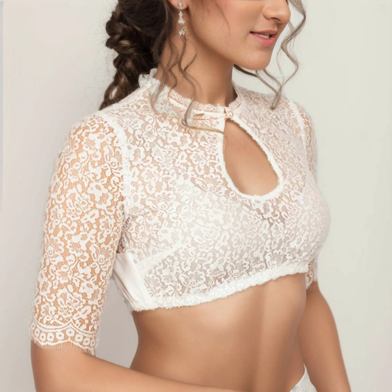 Half Sleeve Sheer Lace Crop Tops Women Hollow Out Elegant Dirndl Blouse Bavarian Oktoberfest Vintage Fashion Woman Blouse 2024