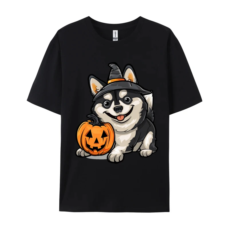 

Husky Baby And Pumpkin Print T-shirt All Cotton Custom Tops & Tees Halloween Designer Men T Shirt Funny T-Shirt Drop Shipping