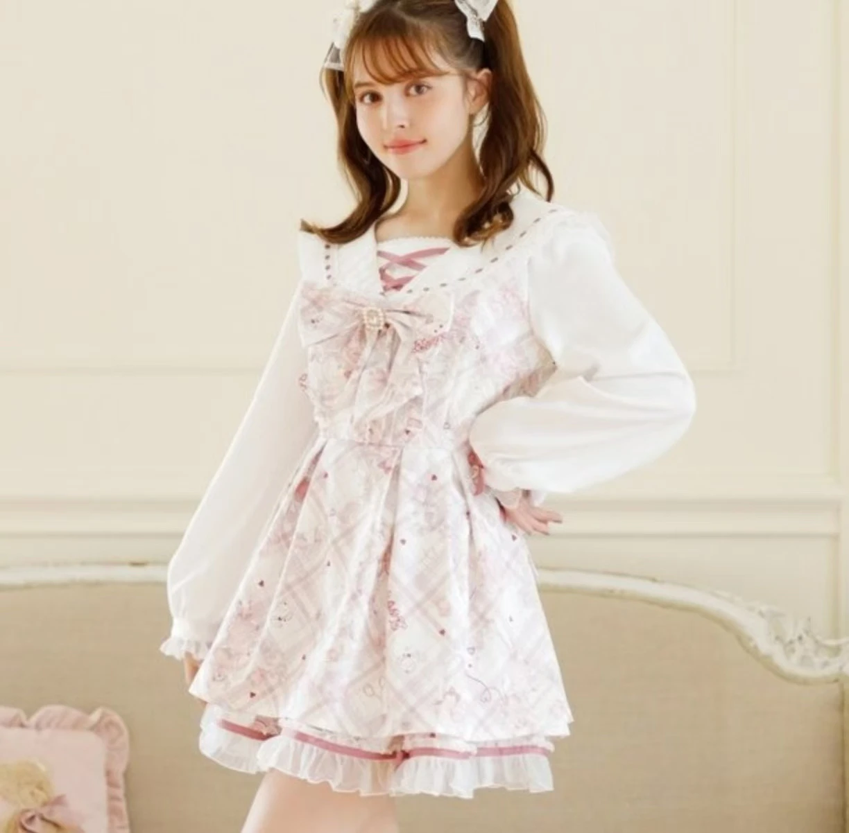 Japanese Style Perfume Bear Flower Printed Big Bow Lolita Dress and Shorts 2 Piece Set Women's Sweet Sailor Collar Outfits