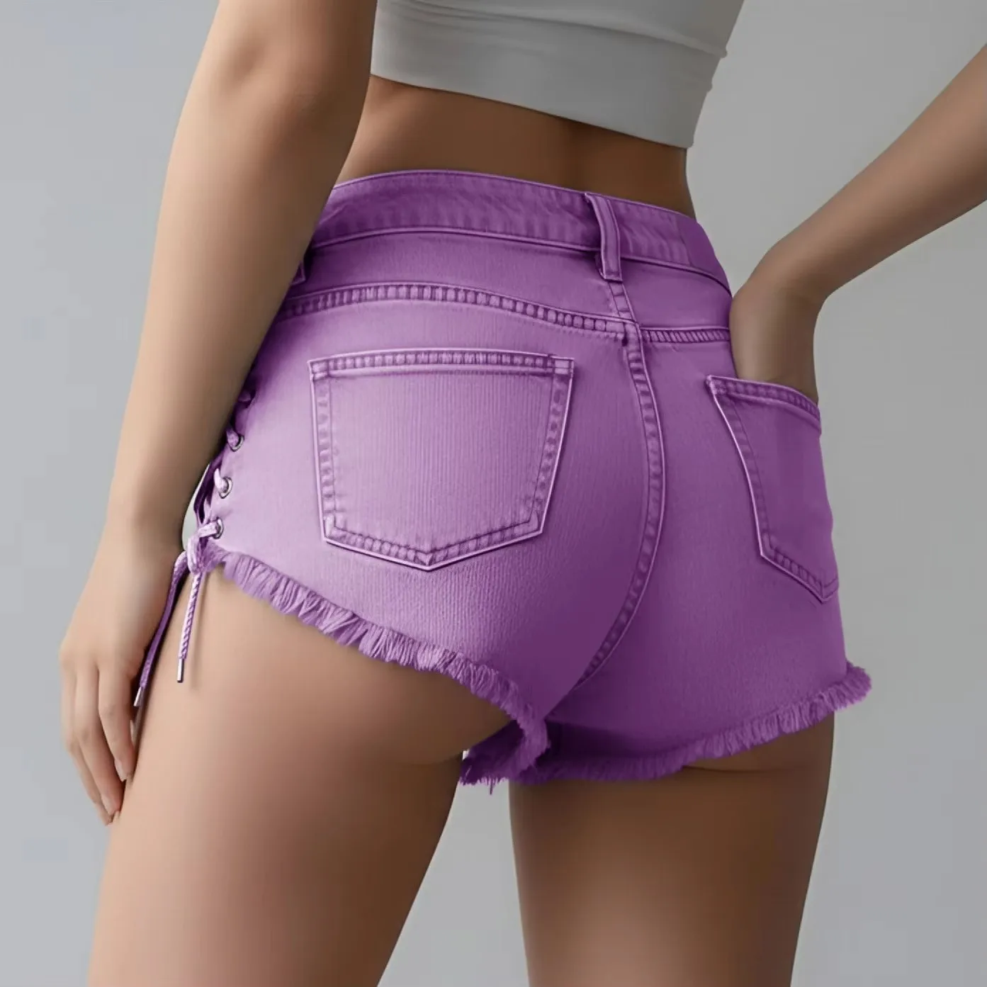 Y2K Women Side Lace Up Denim Shorts Frayed Raw Edge Hot Pants Solid Color Bandage Short Jeans Summer Streetwear Club Outfit