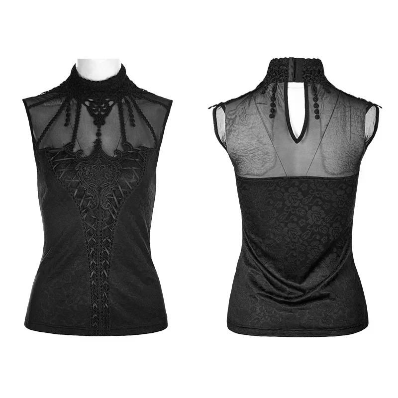 PUNK RAVE Gothic Sleeveless Latin Women T-shirt Knit Jacquard Fringed Lace Ribbon Draw String Tops Adjustment Buckle Collar Tees