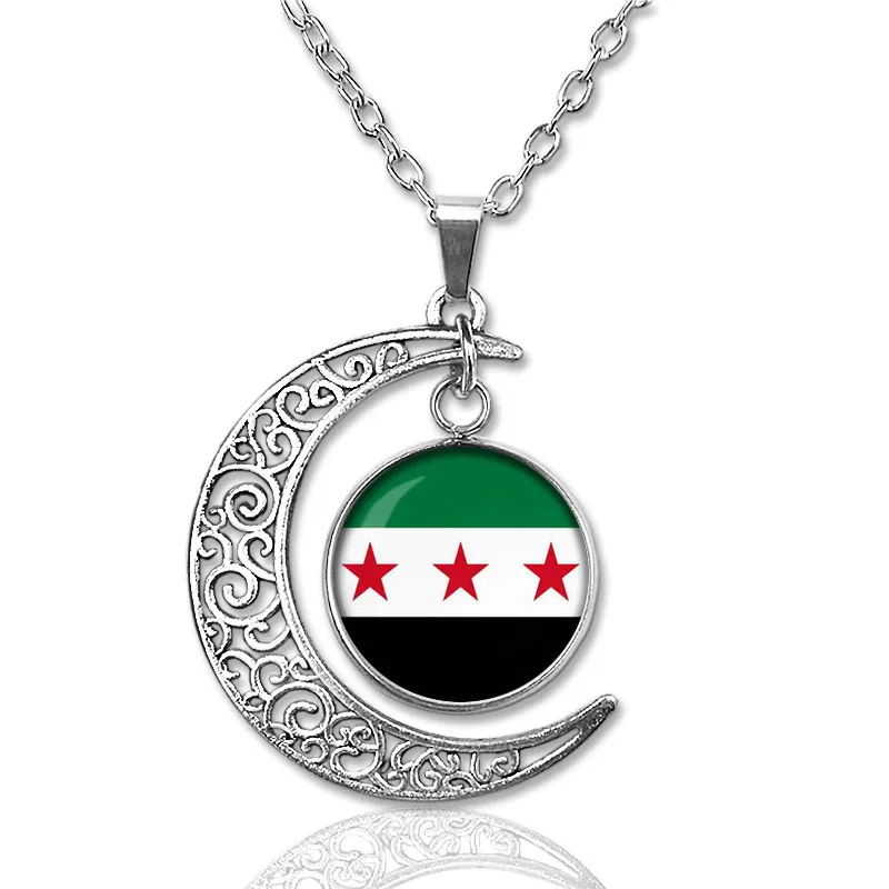 Syrian Map Flag Pendant Stainless Steel Moonlight Gemstone Syrians Necklace Trendy Charm Jewelry For Women Men Ethnic Gifts