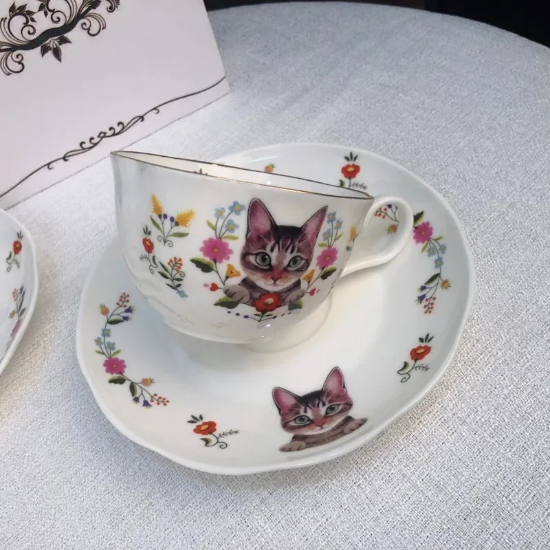 British Cat Coffee Cup with Saucer Porcelain Coffee Mugs High Appearance Level Breakfast Mug Tableware Coffee Dishes Water Cup