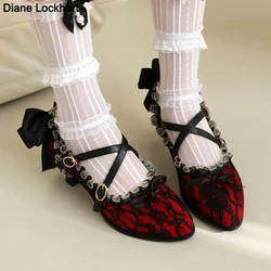 Vintage Women Victorian Heels Gothic Lace Bow Pumps Ruffle Trim Lolita Princess Cosplay Tea Party Dress Costume Shoes Girls