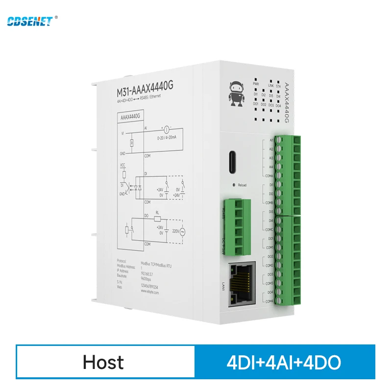 

4DI + 4AI + 4DO дистанционный модуль ввода-вывода RS485 Ethernet CDSENT рандомный аналоговый переключатель Modbus TCP RTU обновление прошивки PNP