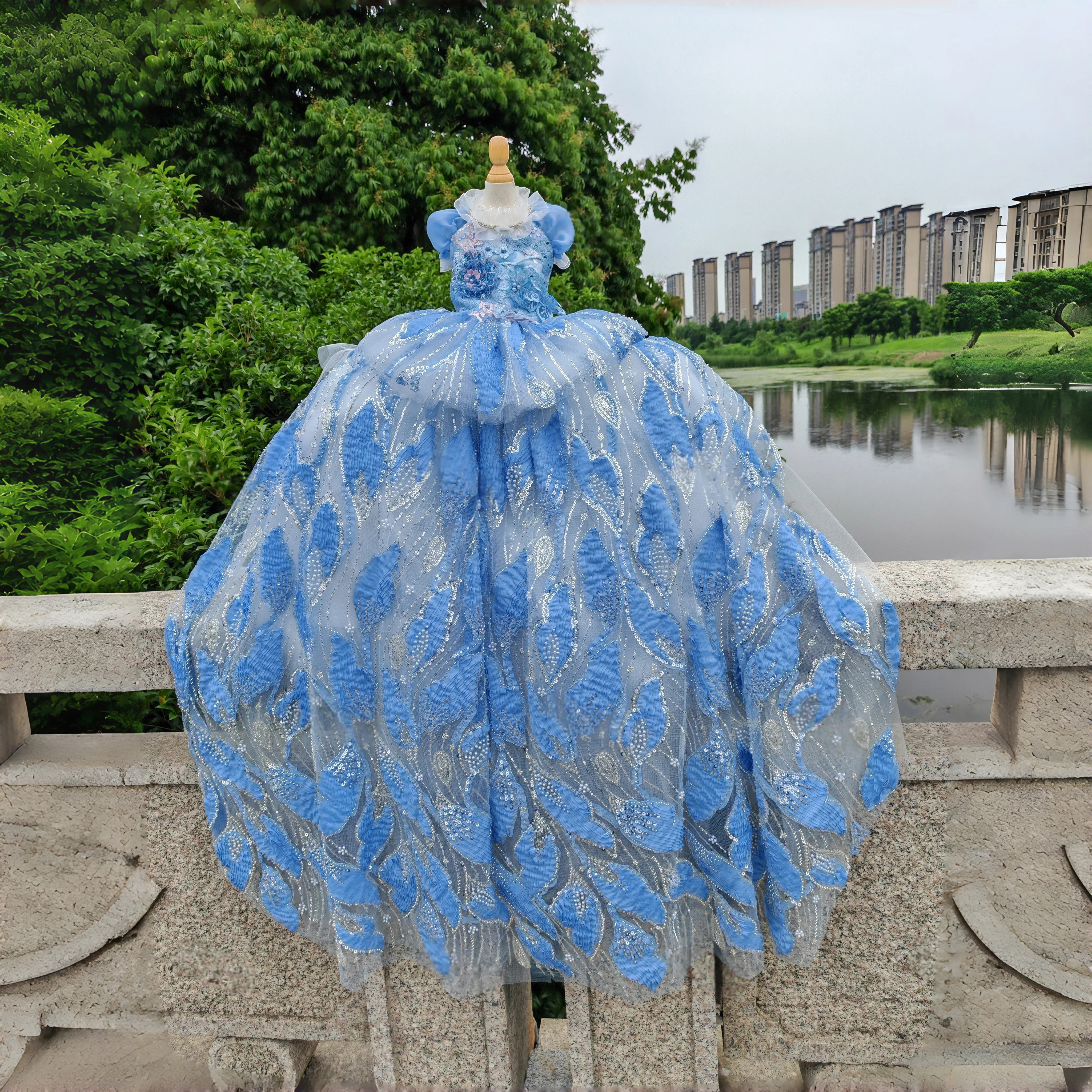 Luxury Blue Long Pearl Embroidery Dress For Small Medium Dog Fashion Handmade Pet Dog Clothes Puppy Dog Detachable Two-piece Set