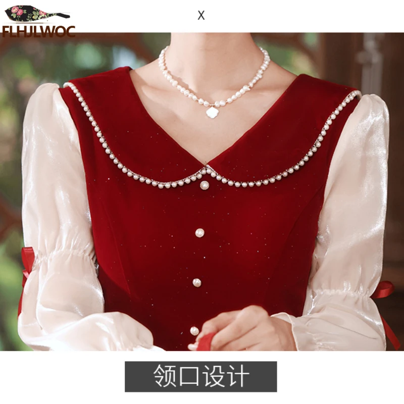 New Year Christmas Chic Elegant Annual Meeting Red Dress Women Square Neck French Design Bling Beaded Bride Long Velvet Dresses