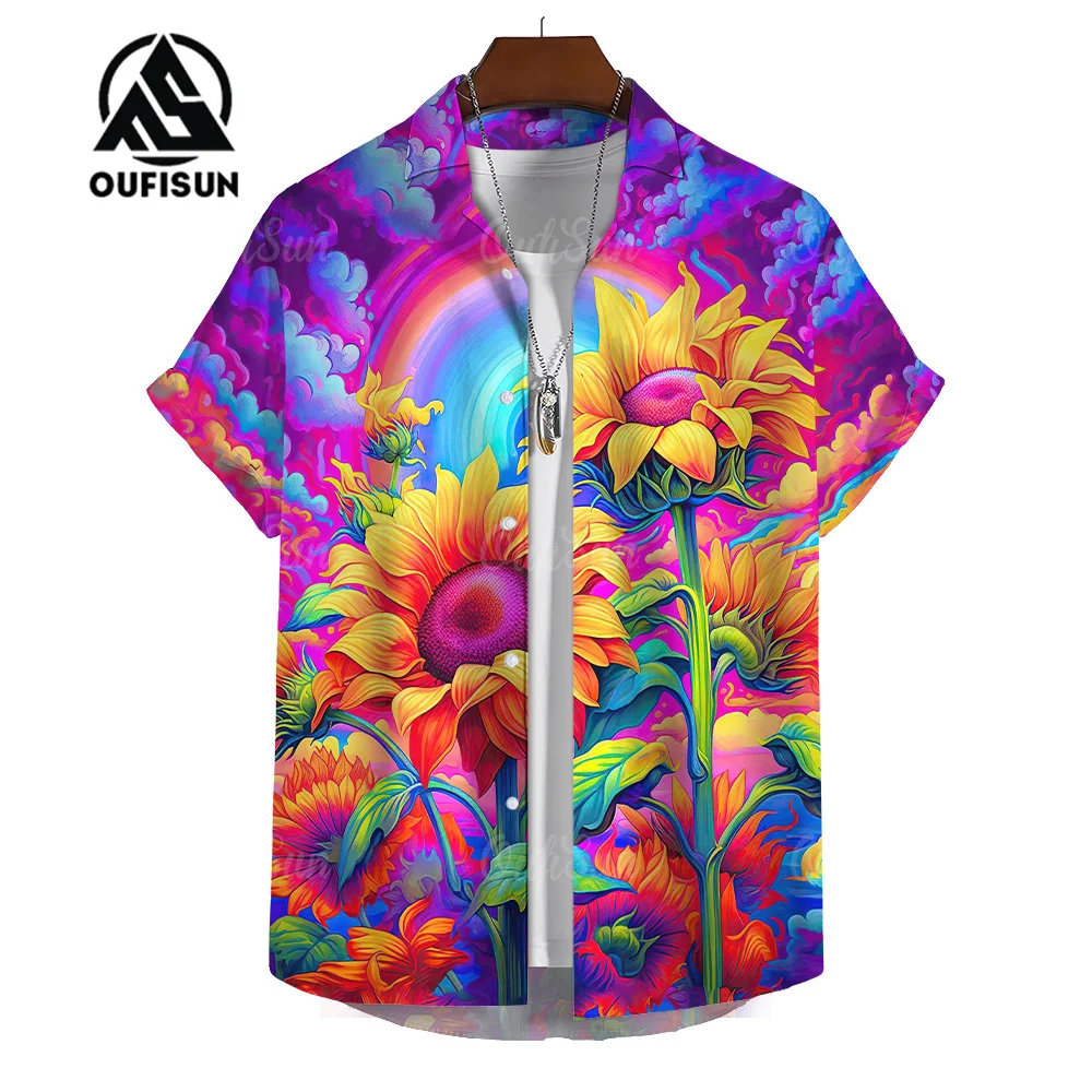 Sunflower Floral Print Shirt Men\'s Casual Short Sleeve Shirt Summer Hawaii Beach Vacation Men\'s Shirt Oversized Tops Size S-5XL