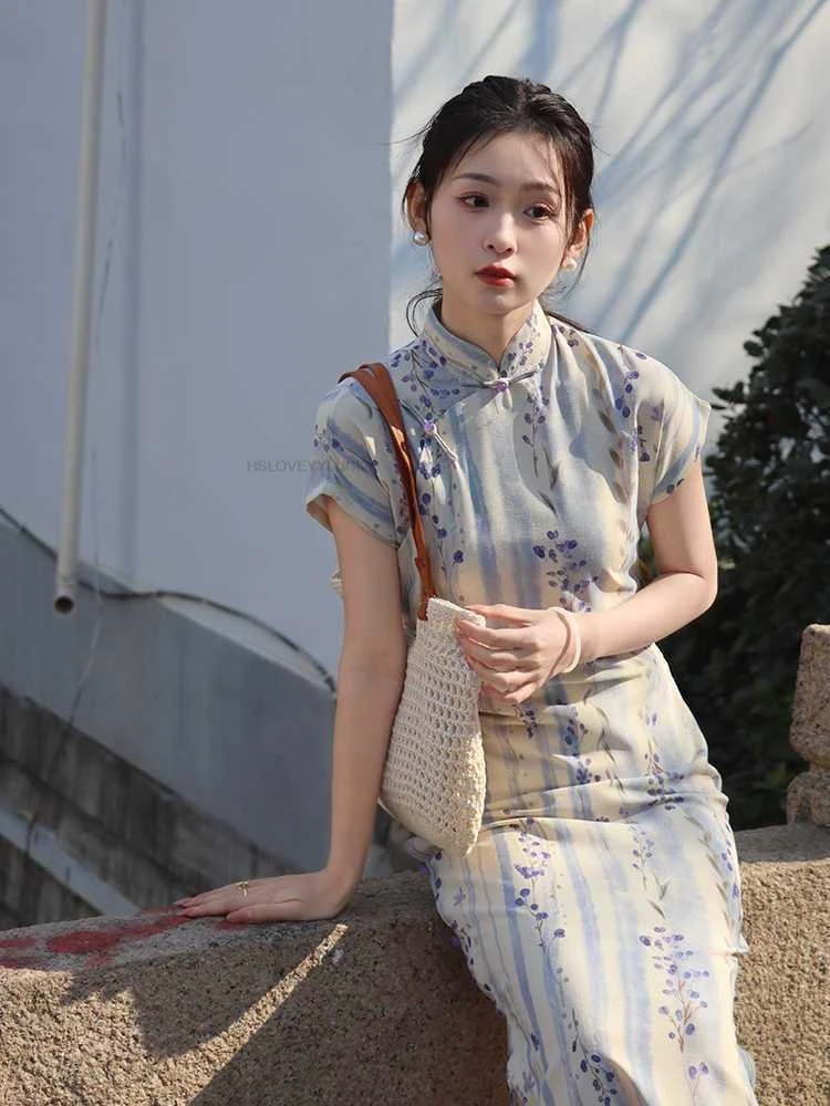 Reformed Rural Style Qipao Dress Elegant New Chinese Floral Dress Summer Retro Artistic National Simple Color Block Chesongam