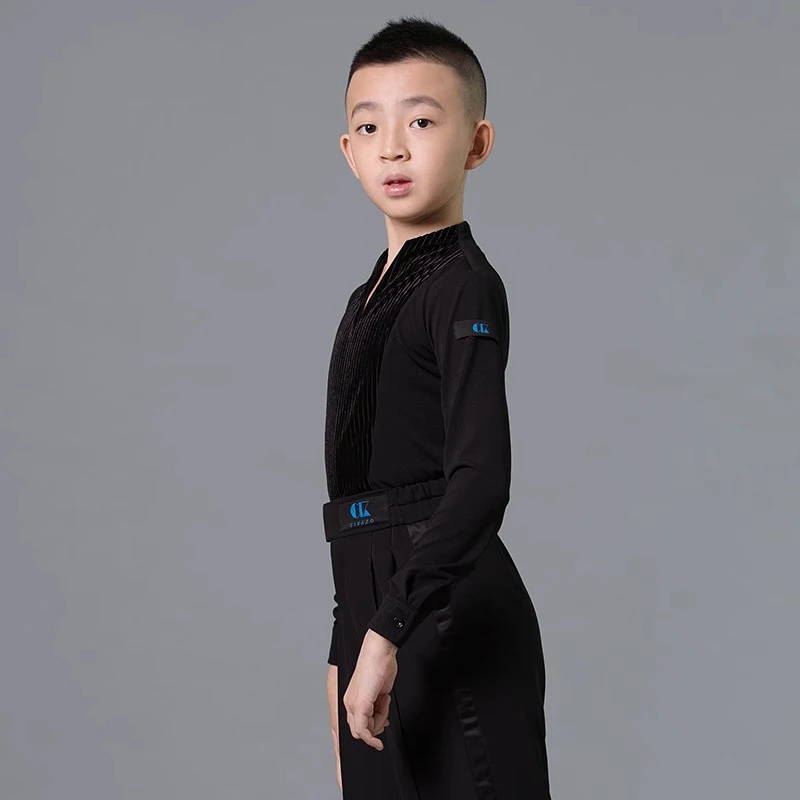 Latin Dance Uniform for Boys, Competition Uniform, Velvet V-neck Training Uniform, Top for Boys, Grading Standard Uniform