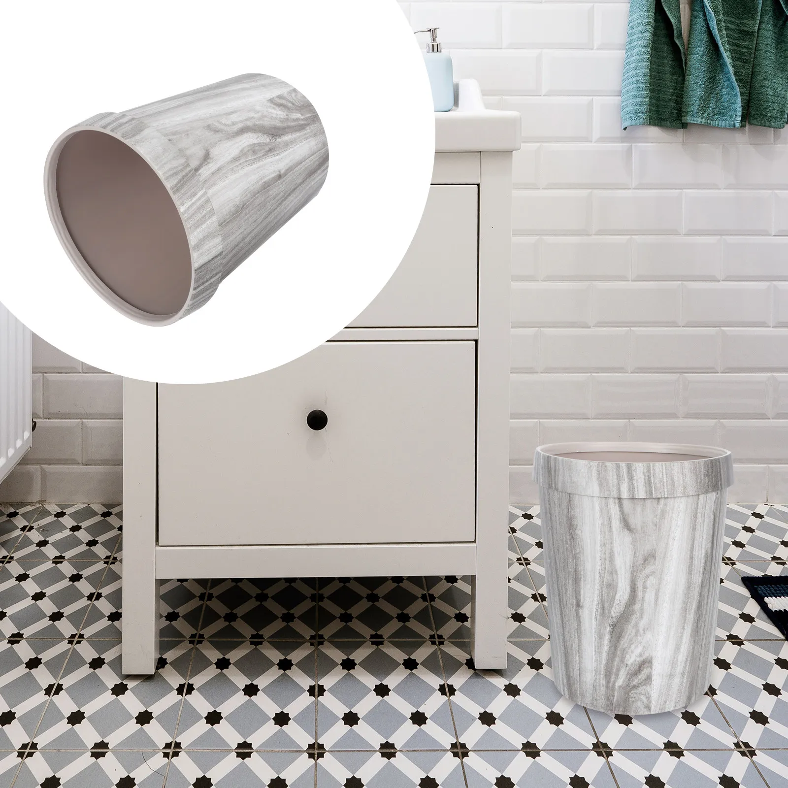 

Vintage Trash Can Retro Design Imitation Wood Pattern Household Garbage Container Space Saving Kitchen Living Room